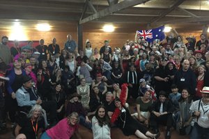 A group of people at the 2018 Able Australia Deafblind Camp.