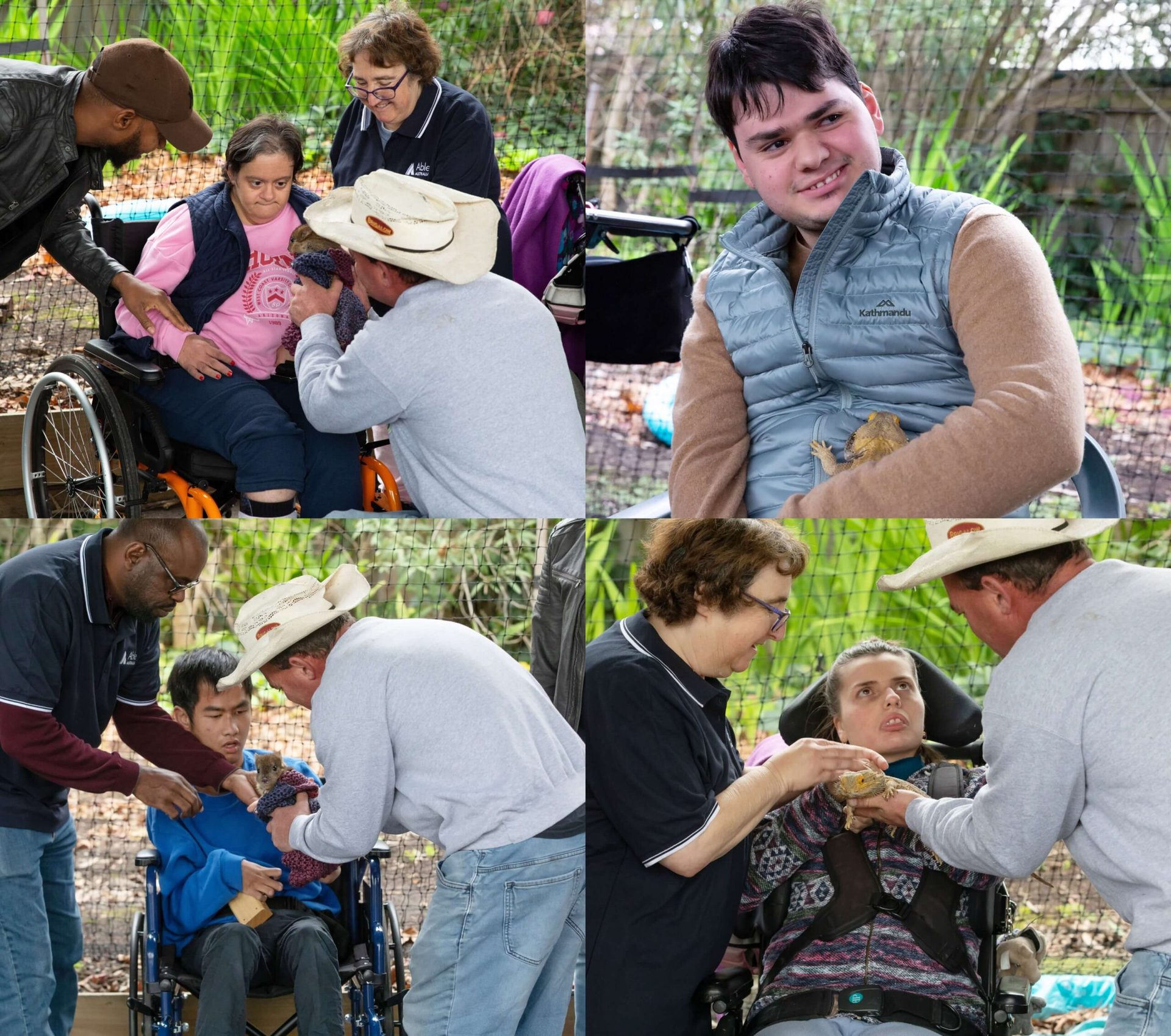 An image collage. From left to right, the first photo is of Jane in her wheelchair next to two Able staff members. In front of her, Jamie is holding up a bandicoot wrapped in a towel. A photo of Gianni smiling as he holds a lizard. A photo of Samuel in his wheelchair next to an Able staff member. In front of him, Jamie is holding up a bandicoot wrapped in a towel. A photo of Kelly and Jamie holding up a lizard for Samantha to pet.