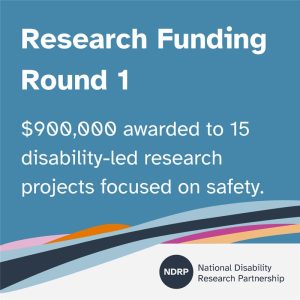 The image features a blue and white background prominently displaying text. It highlights that $900,000 has been awarded in Research Funding Round 1 to 15 disability-led research projects that focus on safety. The initiative is associated with the National Disability Research Partnership (NDRP). The content suggests a clean graphic design with an emphasis on the funding announcement.