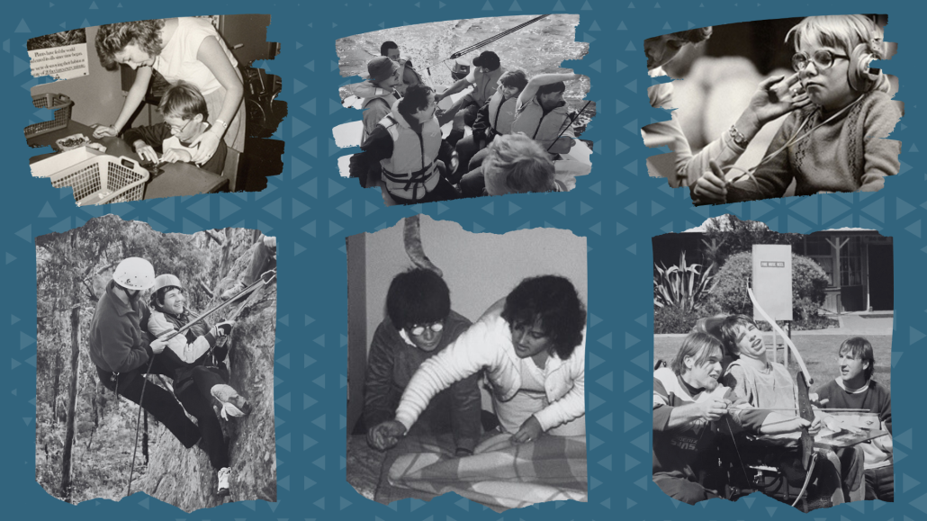A collage of six historical black-and-white photos showing people of different ages in various activities. The images include: a child working at a desk with support nearby; a group wearing life jackets on a boat; a young person using headphones for an activity; two people rock climbing; one person supporting another to make a bed; and a group practising archery outdoors, including a person using a wheelchair. The photos are arranged on a blue patterned background.