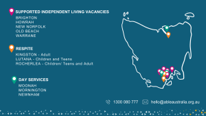 A teal graphic showing a simple outline map of Tasmania with coloured location pins marking service sites. On the left, text lists current vacancies: Supported Independent Living in Brighton, Howrah, New Norfolk, Old Beach and Warrane; Respite in Kingston, Lutana and Rocherlea; and Day Services in Moonah, Mornington and Newnham. Along the bottom are icons for phone (1300 080 777) and email (hello@ableaustralia.org.au