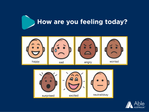 A row of faces showing emotions - happy, sad, angry, worried, surprised, excited and neutral/okay. The heading says - How are you feeling today?